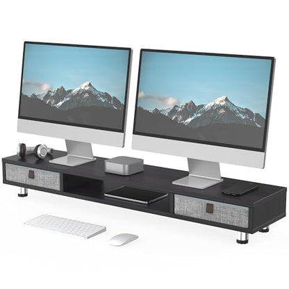 Fenge Dual Monitor Stand, 2-Tier Desk Organizer with Drawers, 42.5in, Black - color: Black