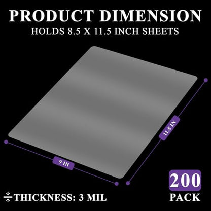Laminating Sheets 8.5 x 11, 200 Pack Thermal Laminating Pouches 3 mil, Clear Thermal Laminating Plastic Paper Laminator Sheets, Clear Laminate Sheets Fits Letter Sized Paper (8.9 in. × 11.4 in.).