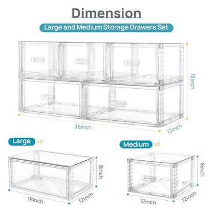 Vtopmart 5 Pack Large & Medium Storage Stackable Drawers Set | Easy Assembly Clear Plastic Storage Cabinet, Durable Dresser for Closet, Bedroom, Entryway, Playroom & Apartment Organization - style: 2pk L & 3pk M