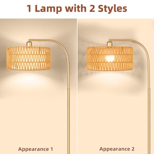 Gold Floor Lamps, Boho Floor Lamp for Room,Farmhouse Rattan Standing Lamps | Remote Control Rattan Standing Lamp with 9W Bulb, Adjustable 2-in-1 Lampshades, Arc Floor Lamp Over Couch - style: Cylinder-Gold