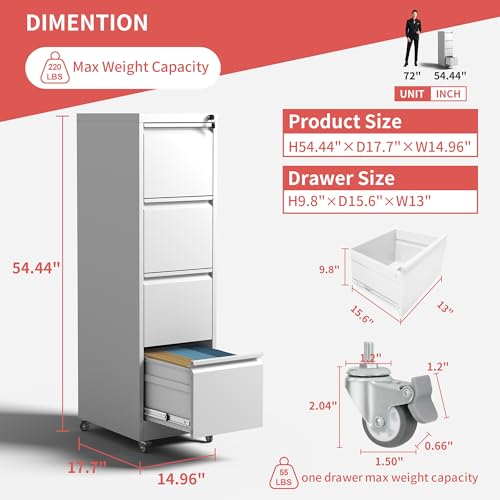 IKIMI 4 Drawer Mobile File Cabinet with Lock,White Metal Filing Cabinets - color: White, size: 4 Drawers with Wheels