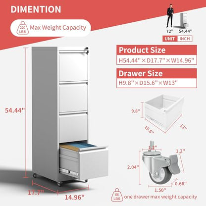 IKIMI 4 Drawer Mobile File Cabinet with Lock,White Metal Filing Cabinets - color: White, size: 4 Drawers with Wheels