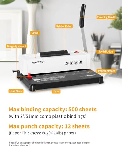 MAKEASY Spiral Binding Machine, 4:1 Pitch, 12 Sheets Punch Capacity, Electric Coil Insert, Book Binder Machine for A4/A5/Letter Size Paper, Come with 1 Box pcs 5/16'' Coils & Pliers - color: White