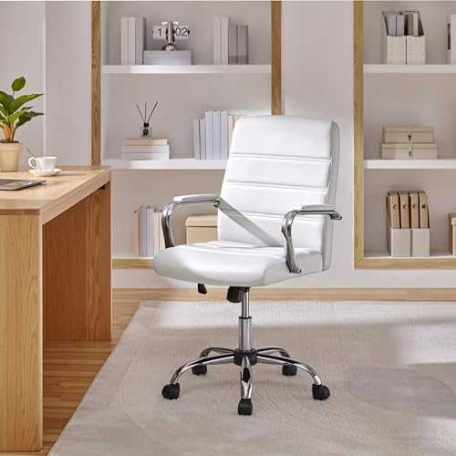 Yaheetech White Office Chair PU Leather Swivel Rocking Desk Seat with Arms | Foam-padded channel-stitched PU leather back supports desk hours; chrome frame rocks, adjusts in height, rolls on casters. - color: White