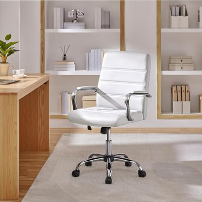 Yaheetech White Office Chair PU Leather Swivel Rocking Desk Seat with Arms | Foam-padded channel-stitched PU leather back supports desk hours; chrome frame rocks, adjusts in height, rolls on casters. - color: White