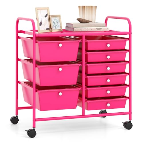 RELAX4LIFE 9 Drawer Rolling Storage Cart - Mobile Drawer Carts for Craft Art Supply Paper Salon, Utility Cart on Wheels for Classroom Teacher School Office, Rolling Cart with Drawers (Hot Pink) - color: Hot Pink, style: 9 Drawers