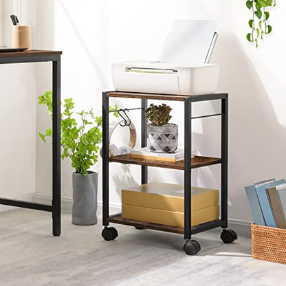 MAHANCRIS Printer Stand, 3-Tier Under Desk Rolling Cart with Storage Shelf, Heavy Duty Printer Table with Wheels for Home and Office, Printer Shelf with 2 Hooks, Small Spaces, Rustic Brown PTHR4001Z - color: Rustic Brown