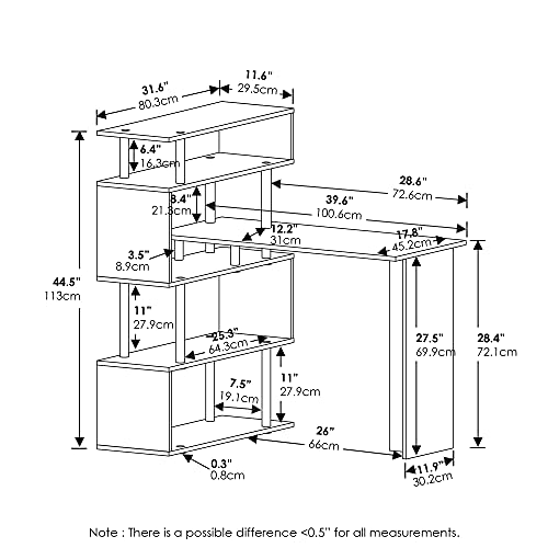 Furinno Moore L-Shape Computer Desk with 5-Tier Shelves, French Oak | L-Shape Gaming Desk, Reversible, Computer Desk, for Home Office, Bedroom - color: French Oak/Black