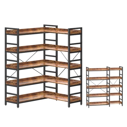 HCHQHS Adjustable Book Shelf with 8 Hooks, Reversible Corner Bookshelf, Industrial Wooden and Metal Bookcase for Living Room, Bedroom, Home Office (Rustic Brown, 5 Tier) - color: Rustic Brown, size: 5-Tier (47"W x 57"H, L-Shape)