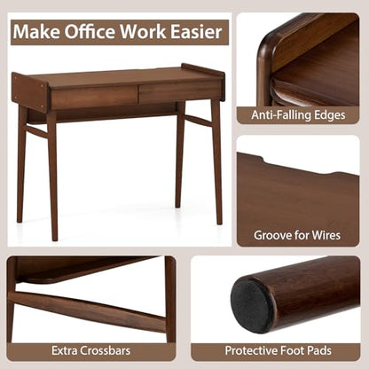 Tangkula Bamboo Mid Century Desk with 2 Storage Drawers, Home Office Study Writing Desk with Shelf & Cable Management Groove, Home Office Desk for Working & Learning (Brown) - color: Brown