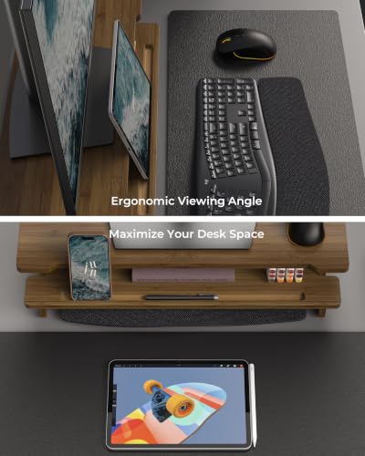 23” Monitor Stand with Phone Tablet Holder Bamboo Desk Shelf - color: Toasted Bamboo, size: 23 inch