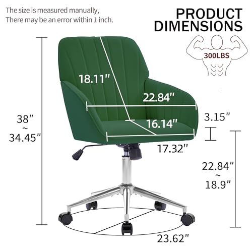 YITAI Velvet Office Desk Chair with Silver Foot Base, with Wheels,Modern Height Adjustable 360 Degree Swivel Upholstered Vanity Chairs with Arms for Living Room Bedroom,Green - color: Silver Green