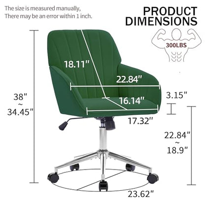 YITAI Velvet Office Desk Chair with Silver Foot Base, with Wheels,Modern Height Adjustable 360 Degree Swivel Upholstered Vanity Chairs with Arms for Living Room Bedroom,Green - color: Silver Green