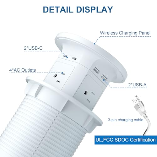 ANCIENTPWR Pop Up Outlet with Wireless Charging, 9-in-1 Built-in Countertop Power Hub, Gas-Lift Design, 4-1/8" Cutout, 2500W for Kitchen, Office & Conference Table | 9-in-1: 4 AC + 4 USB + wireless charging. 2500W, 100-240V. 4-1/8" cutout. Hidden hub for