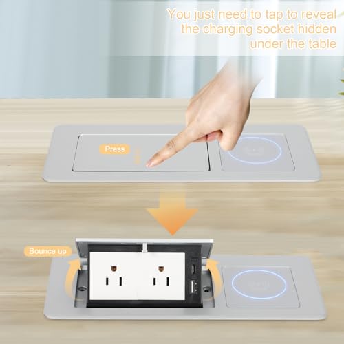 Table Pop Up Outlet Automatic Pop Up Strip Center Countertop Recessed Power Strip with 15W Wireless Charger + USB A + USB C + 2AC 5.9Ft Cord for Conference Desk Office Kitchen (Silver-Wireless) - style: Silver-Wireless