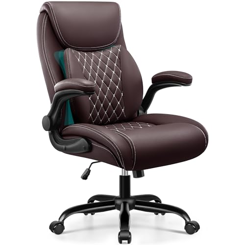 BESTFAIR Office Chair, Executive Computer Desk Chair with Lumbar Support for Lower Back Pain Relief, Ergonomic Leather Home Chair Comfy with Padded Flip-up Arms and Adjustable Armrests, Coffee - color: Coffee, size: 1 Pack