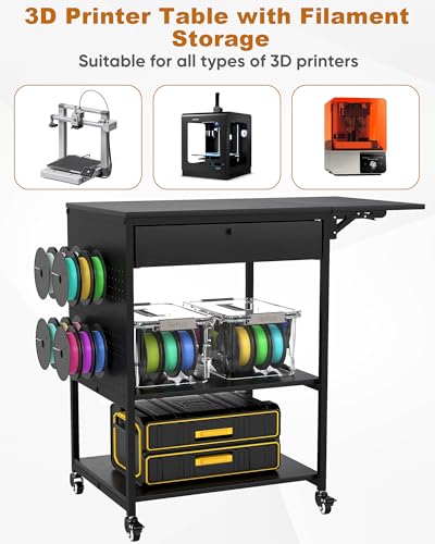 Baoz 4 Tier 3D Printer Stand with Filament Storage & Lockable Wheels(Black) | 3D Printer Table with 1 Drawer, Rolling 3D Printer Cart with 4 Spool Hooks, Sturdy 3D Printer Desk for Studio, Home Office