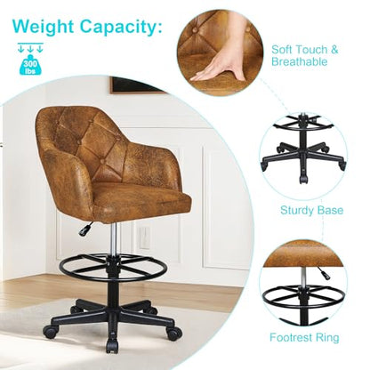 VECELO Drafting Chair with Low Back and Footrest Ring, Height Adjustable, Swivel Rolling Wheels, for Drawing/Standing Desk/Office, Linen Fabric，Brown