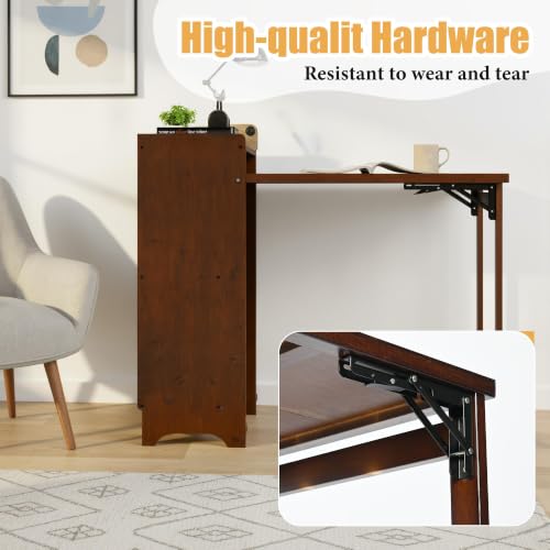 tonchean Bamboo Folding Desk with Storage Bookshelf for Small Spaces, Brown