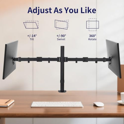 Black Dual Monitor Arm Mount for 13-32 Inch Screens | Ultrawide Screens Up to 38 Inch Fully Adjustable Stand with C-Clamp/Grommet Base Max VESA 100x100 Each Screen Capacity 22lbs - size: Dual Arms for 13"-32"