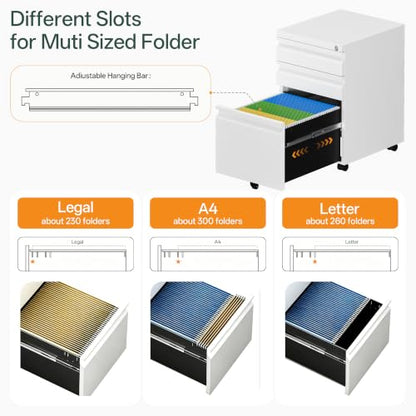 3 Drawer Mobile File Cabinet with Lock, Fully Assembled - color: White