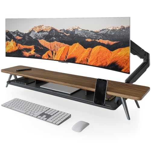 Fenge Dual Monitor Stand Riser, Wooden Desk Shelf with 2-Tier Storage - color: Walnut, size: 47.2 Inch