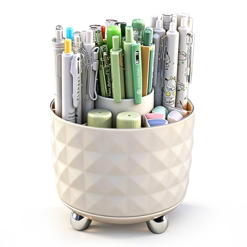 GOTOBA 360° Rotating Pencil Holder for Desk, Makeup Brush Holder with 6 Slots, Desk Organizer for Writing Utensil, Office and School Supplies (Milky White) - color: Milky White