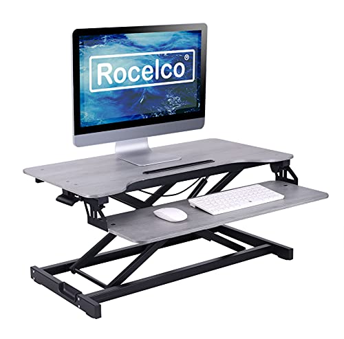 Rocelco Standing Desk Converter 31.5 Inch Sit Stand Up Dual Monitor Tabletop Riser with Tablet Mount, Height Adjustable Home Office Workstation - Deep Keyboard Tray for Laptop Mouse - Gray (R VADRG) - color: Grey, size: 31.5", style: Riser Only