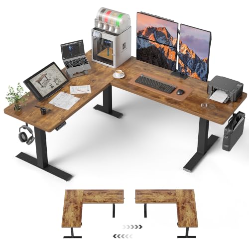 FEZIBO Triple Motors 25mm Tabletop L Shaped Standing Desk, 75" X 63" Electric Standing Gaming Desk Adjustable Height, Corner Stand up Desk with Splice Board, Black Frame/Rustic Brown Top - color: Rustic Brown, size: 75x63 Pro