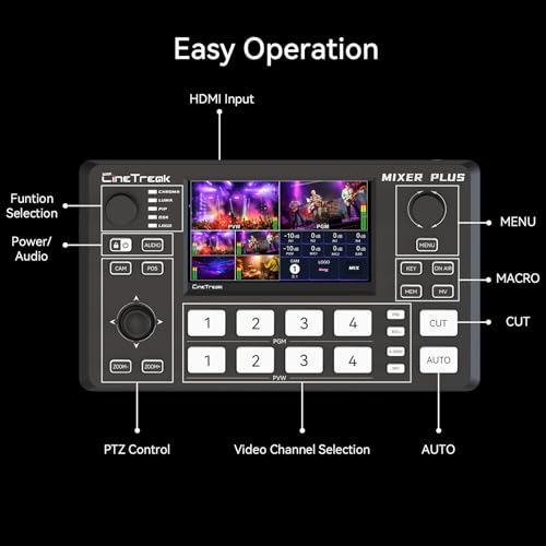 Mixer Plus Compact Video Switcher 4 HDMI with 4''Built-in Screen, Portable Live Streaming Switcher for Multi-Camera, Online Class, Event, YouTube, OBS, Zoom