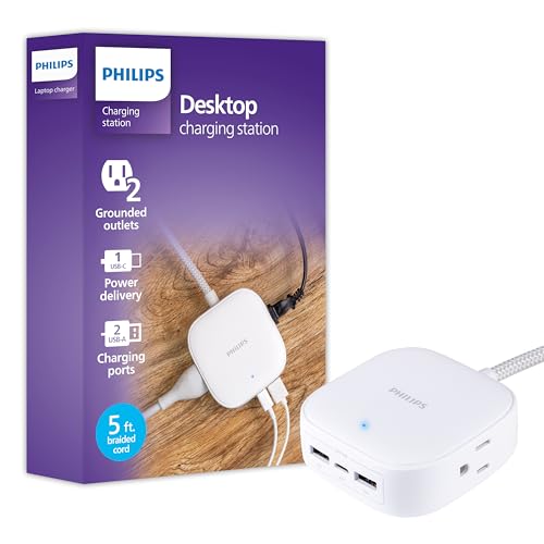Philips Desktop Charging Station, 2 AC Outlet Extender, 2 USB-A, 1 USB-C