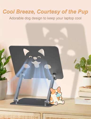 Aoviho Aluminum Laptop Stand for Desk Fit for All 10"-17.3" Laptops, Grey | Height-adjustable Notebook Holder, Ergonomic Computer Riser with Unique Puppy Cooling Vent, for Mac, Dell, Lenovo, HP - color: Gray