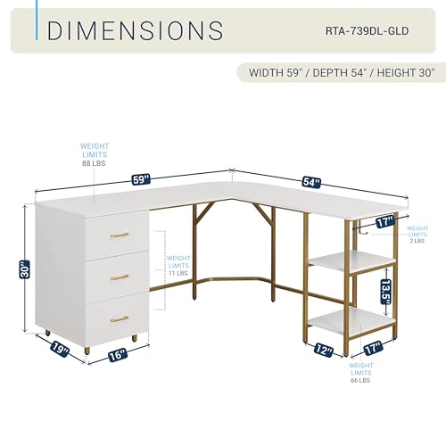 Techni Mobili 59" Two-Tone L‑Shaped Office Desk with Storage Shelves, Gold - color: Gold