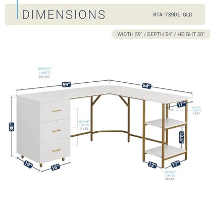 Techni Mobili 59" Two-Tone L‑Shaped Office Desk with Storage Shelves, Gold - color: Gold