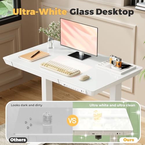 32" Glass Standing Desk with Drawer, Small Electric Desk - color: White Glass-top, size: 32"