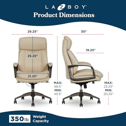 La-Z-Boy High-Back Ergonomic Office Chair, AIR Lumbar Support Leather Chair | Nova, 350lb Capacity Executive Task Chair, Padded Headrest & Arms, Layered Foam Seat Cushion, Swivel, Back Pain Relief, Cream - color: Cream