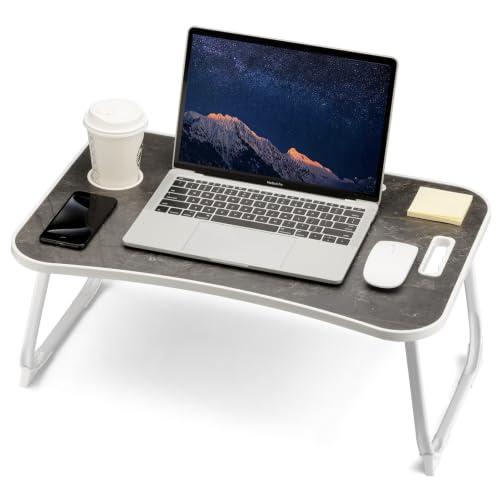 ZEAPTAC Foldable Lap Desk, Bed Desk, Bed Table & Laptop Stand w/Cup Holder - color: Black Marble