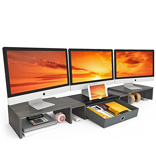 WESTREE Triple Dual Monitor Stand Riser with Drawer,Extra Large Adjustable for 2~3 Monitors,Solt for Phone & Tablet, Desktop Organizer Stand for Computer,Laptop,Printer,TV - size: Large-grey