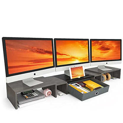 WESTREE Triple Dual Monitor Stand Riser with Drawer,Extra Large Adjustable for 2~3 Monitors,Solt for Phone & Tablet, Desktop Organizer Stand for Computer,Laptop,Printer,TV - size: Large-grey