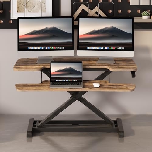 FLEXISPOT Standing Desk Converter 36" Desk Riser for Dual Monitor, Sit Stand Computer Workstation with Spacious Keyboard Tray, Ergonomic Height Adjustable Stand Up Desk Riser, Rustic Brown - color: Rustic, size: 36"