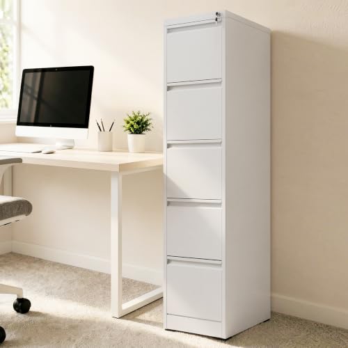 5 Drawer File Cabinet for Home Office, Vertical Filing Cabinet - color: White, size: 64.2"H - 5 Drawer