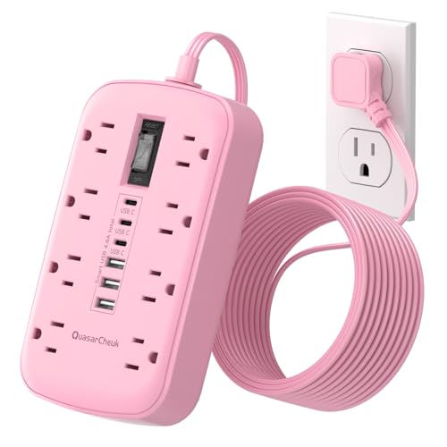 Pink Extension Cord with 6 USB(3 USB-C) 8 Outlets, Flat Plug Power Strip - size: 5 FT-Pink-Three Prong