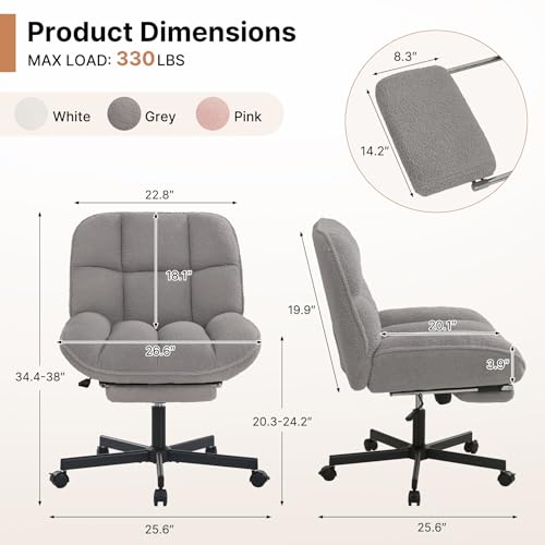 Cross Legged Chair with Foot Rest, Thick Cushioned Criss Cross Chair with Wheels, Armless Wide Seat Reclining Desk Chair, Height Adjustable Cross Legged Office Chair for Home Office, Grey - color: Grey
