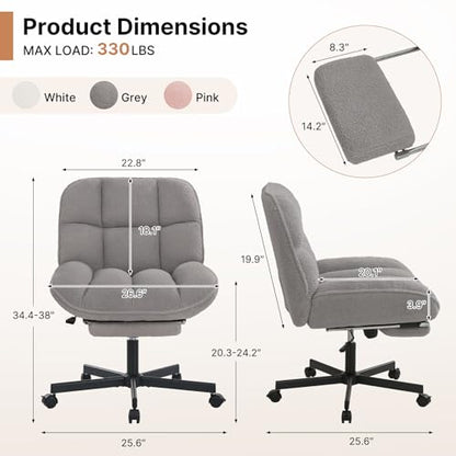 Cross Legged Chair with Foot Rest, Thick Cushioned Criss Cross Chair with Wheels, Armless Wide Seat Reclining Desk Chair, Height Adjustable Cross Legged Office Chair for Home Office, Grey - color: Grey