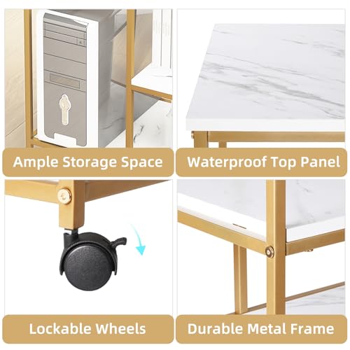 DlandHome Printer Stand with Locking Wheels, 3-Tier Shelf Printer Cart for Home Office Storage and Organization, Rolling Kitchen Utility Storage Cart, White & Golden