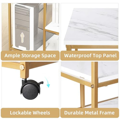 DlandHome Printer Stand with Locking Wheels, 3-Tier Shelf Printer Cart for Home Office Storage and Organization, Rolling Kitchen Utility Storage Cart, White & Golden