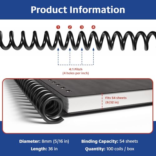 TruBind 8mm (5/16 in.) Spiral Binding Coils for Reports, Presentations and Proposals | 4:1 Pitch | 36 in. Length | Black | 54 Sheets Binding Capacity | 100 Pack
