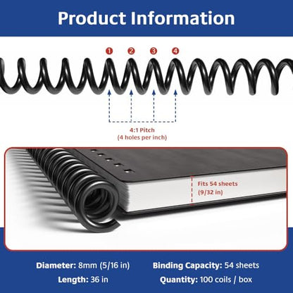 TruBind 8mm (5/16 in.) Spiral Binding Coils for Reports, Presentations and Proposals | 4:1 Pitch | 36 in. Length | Black | 54 Sheets Binding Capacity | 100 Pack