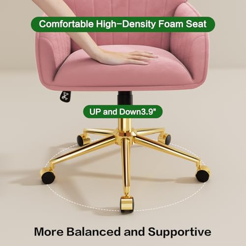 Home Office Desk Chair Comfy with Adjustable Swivel Wheels, Modern Velvet Makeup Vanity Chair with Back & Pillow, Ergonomic Office Chair Computer Task Chair for Living Room, Bedroom, Rose Pink - color: Rose Pink