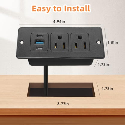 Recessed Power Strip, 20W USB-C Furniture Outlet, Black, 3FT | 2 AC + 3 USB (2 USB-C, 1 USB-A), Flush Mount, Space-Saving, Easy Install, For Desk, Bedside, Drawer, Conference Table - color: Black, size: 3 FT